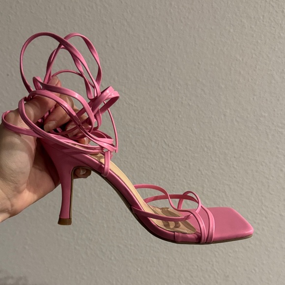 Powder Baby Pink Square Toe Wrap String Heels - Picture 2 of 6